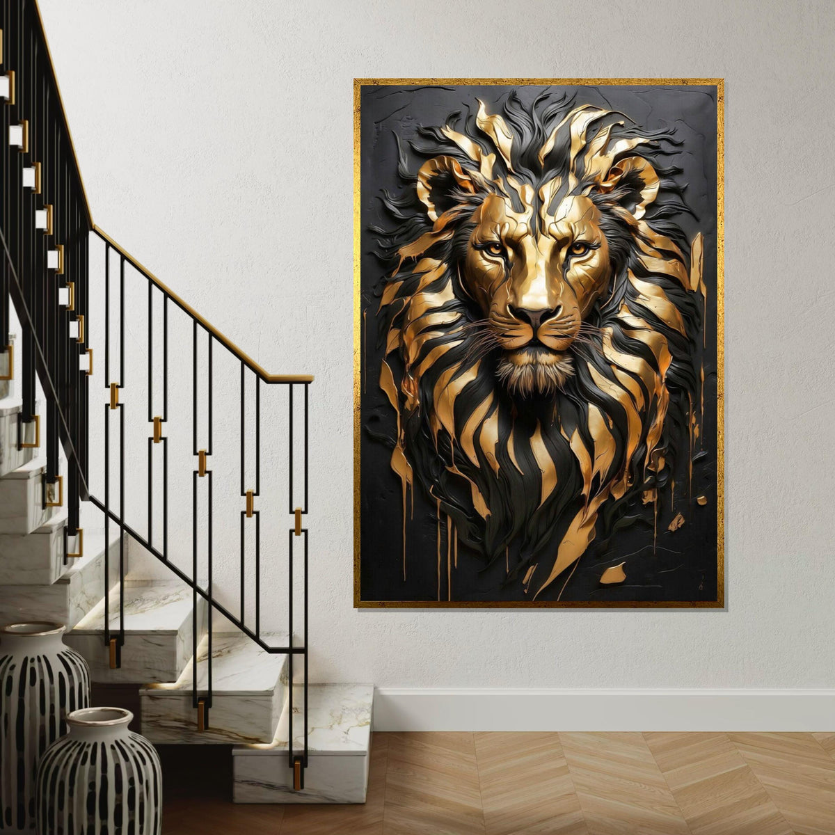 Golden Lion Majesty Canvas, Regal Lion Art, Metallic Lion Wall Print, Animal Wall Art, Wall Art Canvas Design, Ready to Hang Decor
