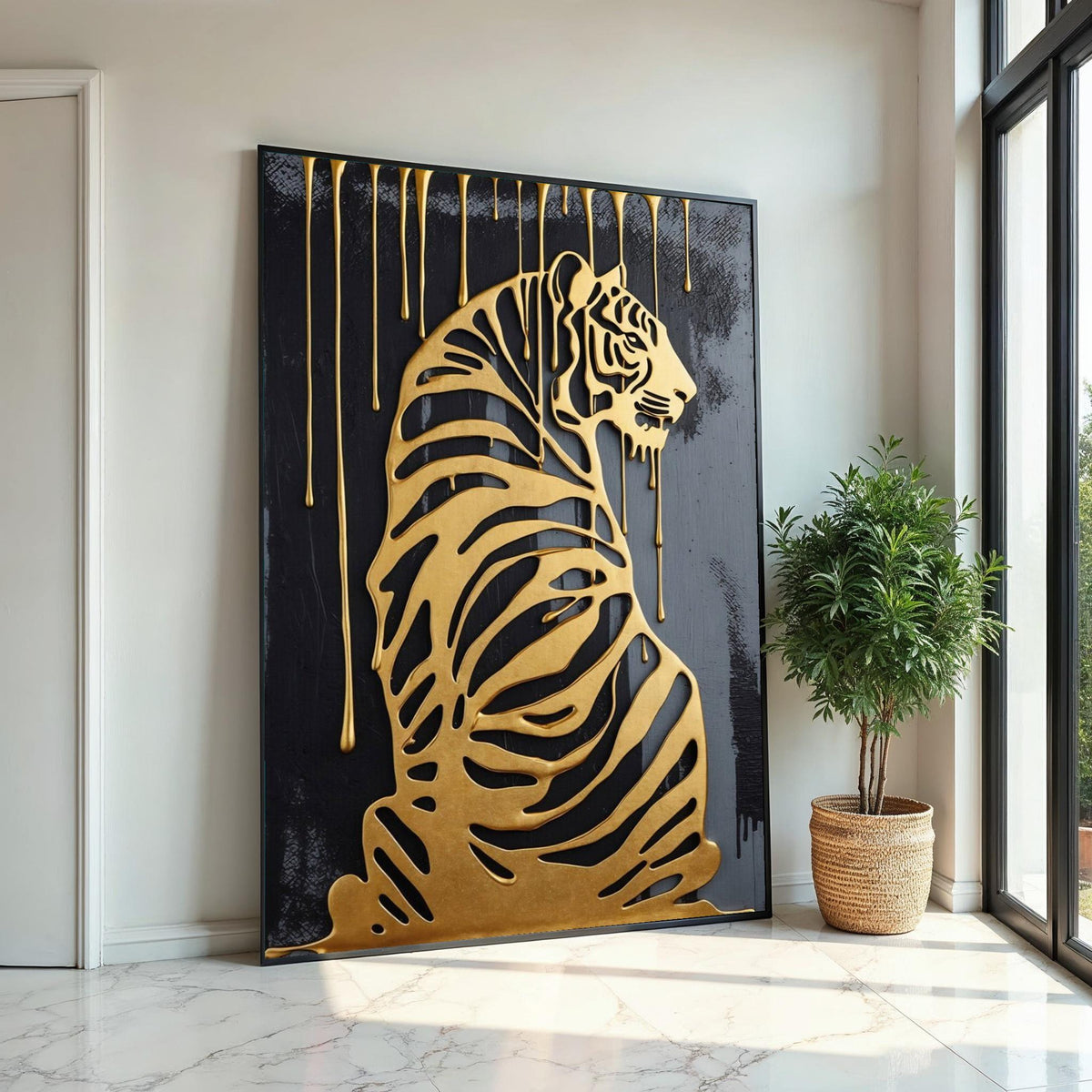 Golden Tiger Canvas, Dripping Gold Tiger Art, Luxury Wall Print, Animal Silhouette Canvas, Wall Art Design, Ready to Hang Décor