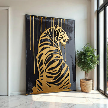 Golden Tiger Canvas, Dripping Gold Tiger Art, Luxury Wall Print, Animal Silhouette Canvas, Wall Art Design, Ready to Hang Décor