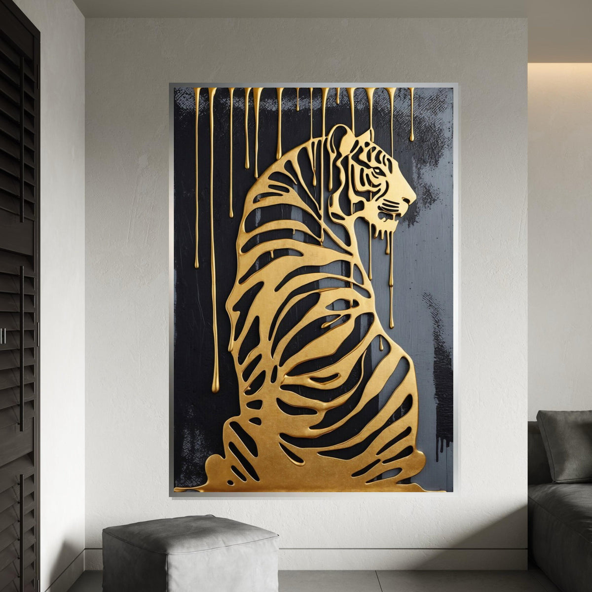 Golden Tiger Canvas, Dripping Gold Tiger Art, Luxury Wall Print, Animal Silhouette Canvas, Wall Art Design, Ready to Hang Décor