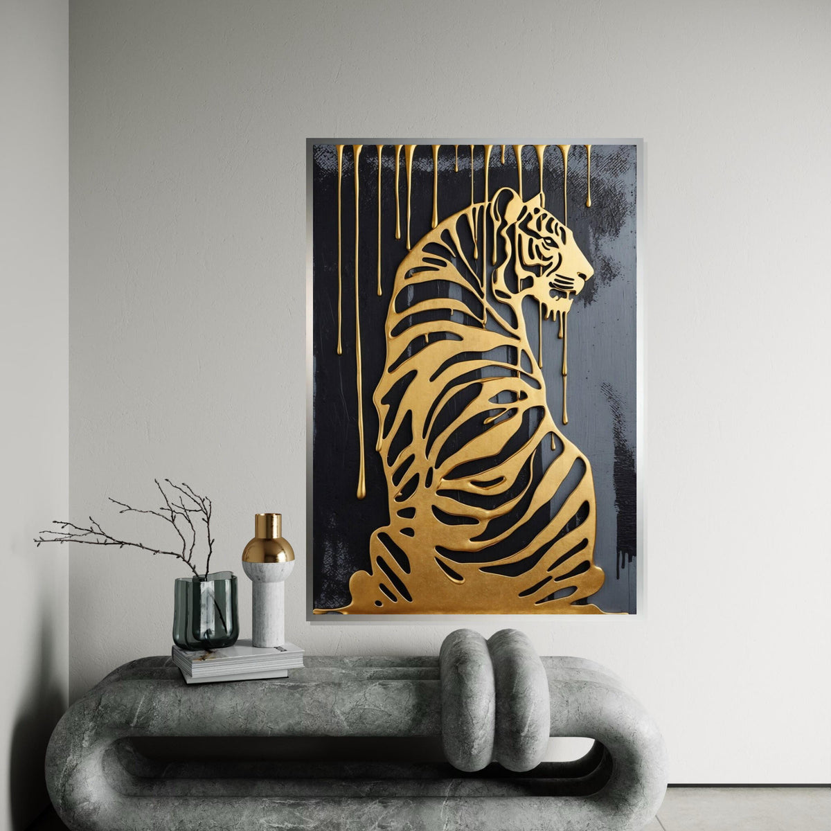 Golden Tiger Canvas, Dripping Gold Tiger Art, Luxury Wall Print, Animal Silhouette Canvas, Wall Art Design, Ready to Hang Décor