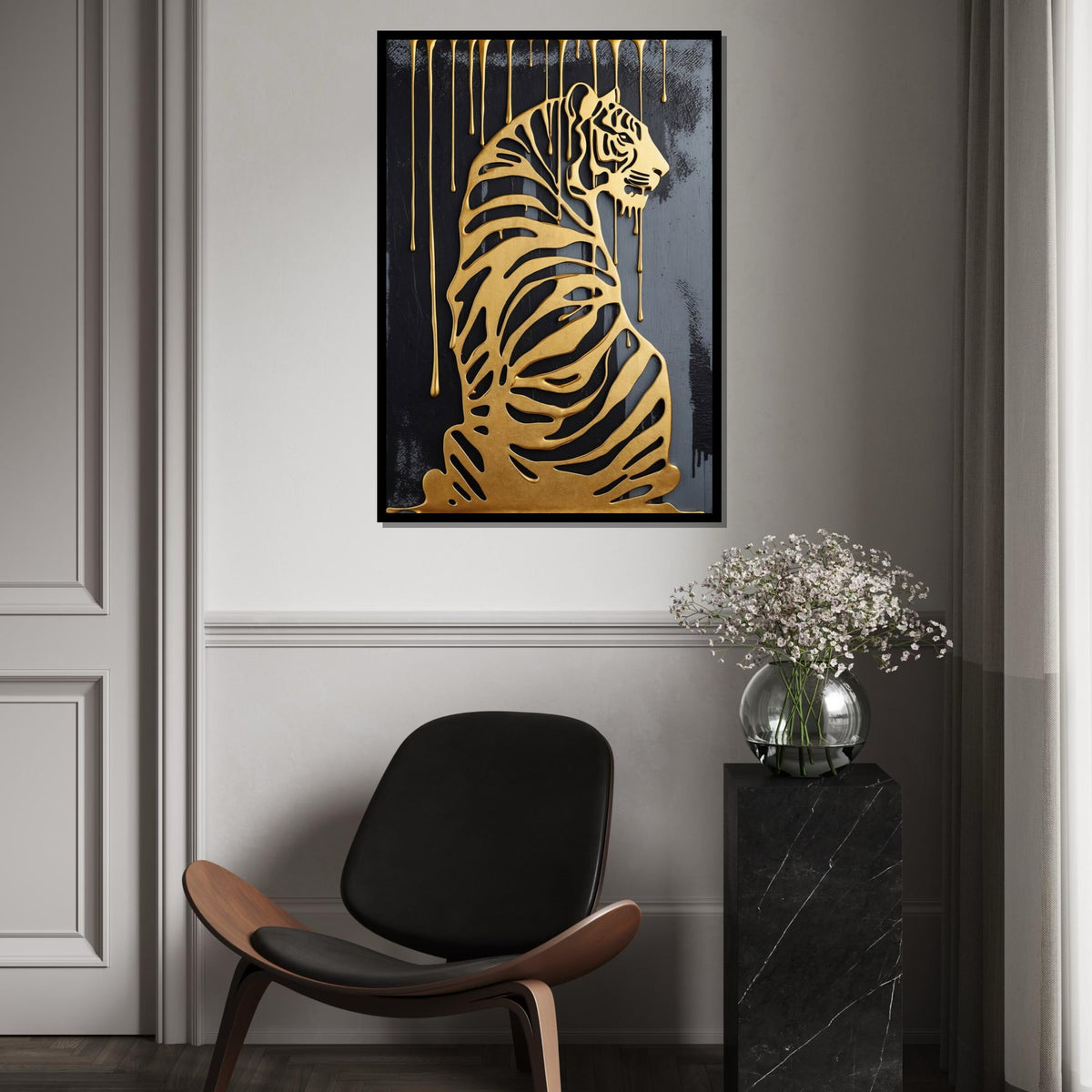 Golden Tiger Canvas, Dripping Gold Tiger Art, Luxury Wall Print, Animal Silhouette Canvas, Wall Art Design, Ready to Hang Décor
