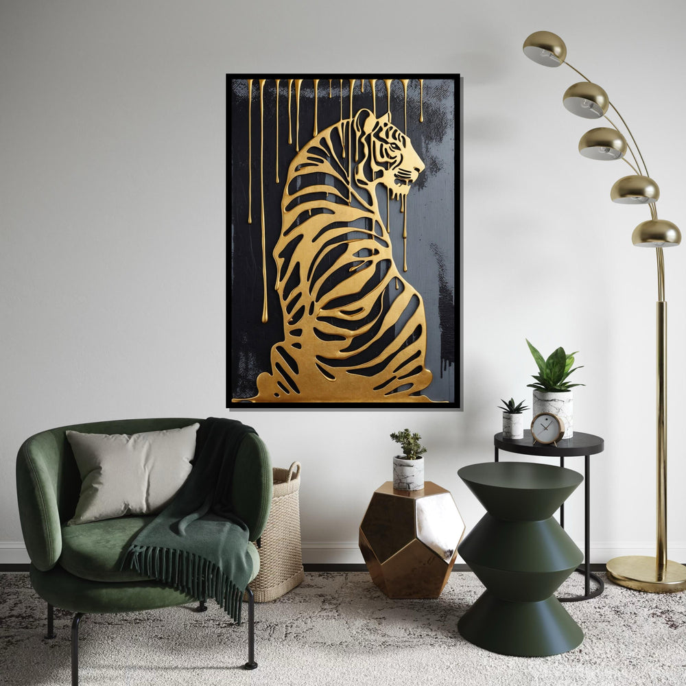 Golden Tiger Canvas, Dripping Gold Tiger Art, Luxury Wall Print, Animal Silhouette Canvas, Wall Art Design, Ready to Hang Décor