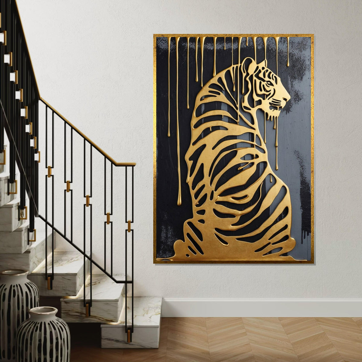 Golden Tiger Canvas, Dripping Gold Tiger Art, Luxury Wall Print, Animal Silhouette Canvas, Wall Art Design, Ready to Hang Décor