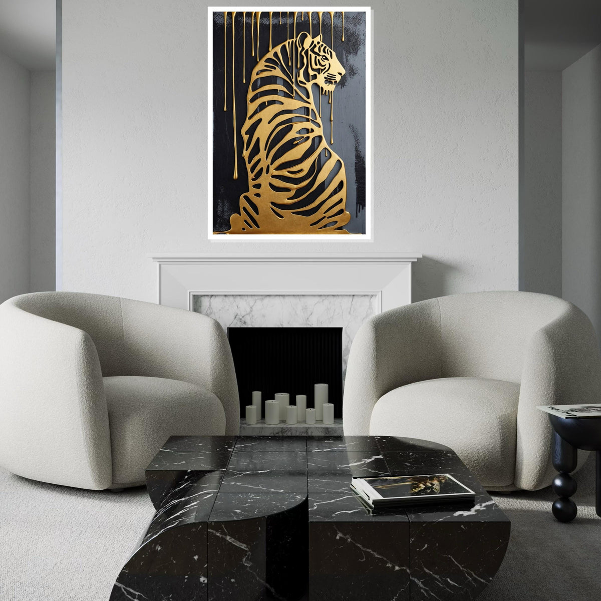 Golden Tiger Canvas, Dripping Gold Tiger Art, Luxury Wall Print, Animal Silhouette Canvas, Wall Art Design, Ready to Hang Décor