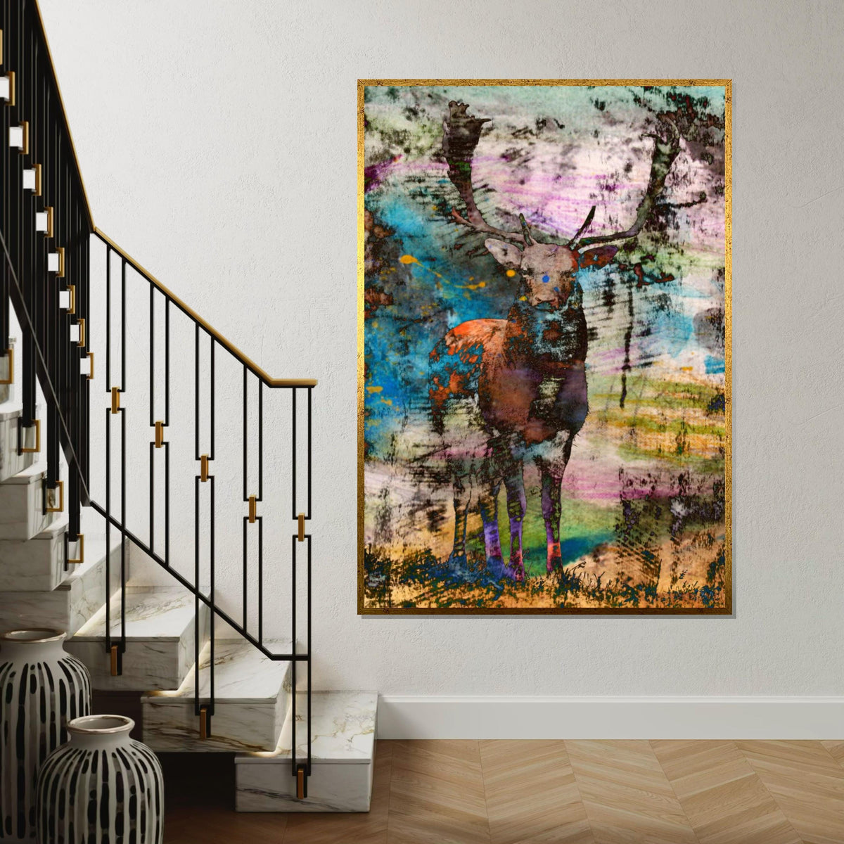 Abstract Stag Canvas, Multicolor Deer Print, Wild Animal Art, Wall Art Canvas Design, Ready To Hang Home Decoration, Modern Wildlife Art
