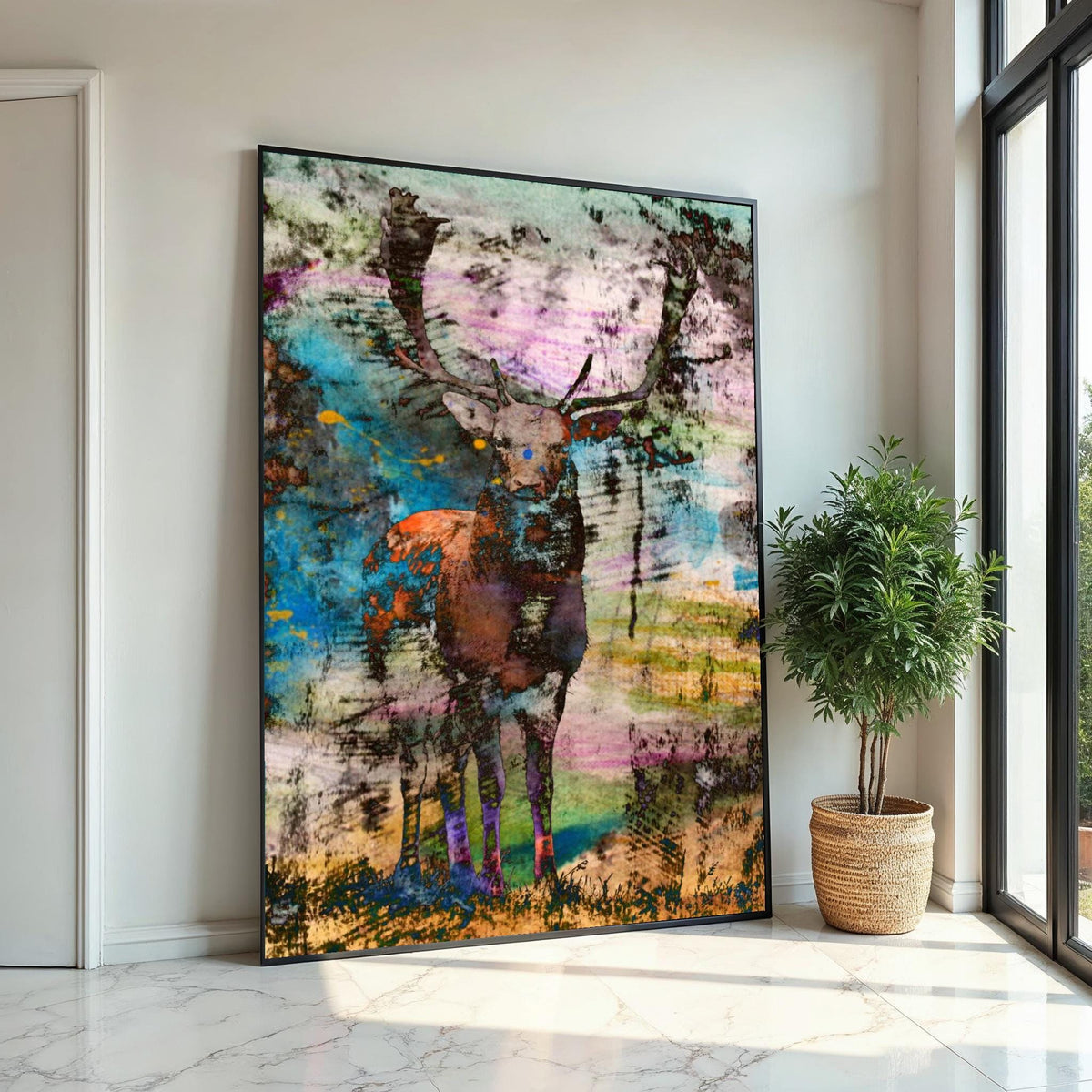 Abstract Stag Canvas, Multicolor Deer Print, Wild Animal Art, Wall Art Canvas Design, Ready To Hang Home Decoration, Modern Wildlife Art