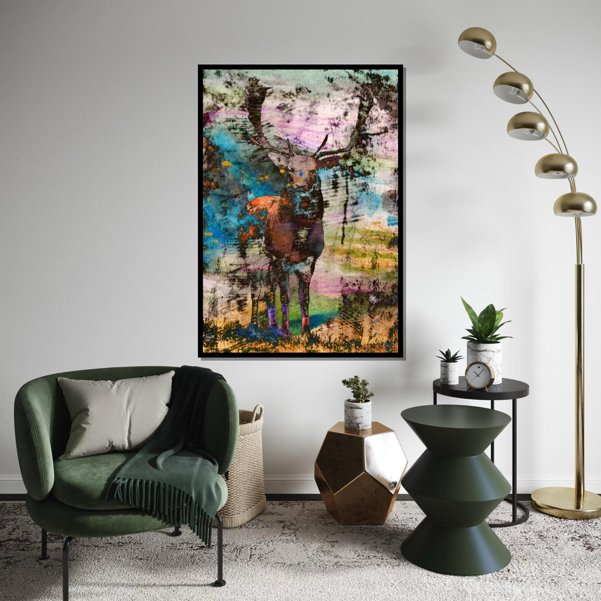 Abstract Stag Canvas, Multicolor Deer Print, Wild Animal Art, Wall Art Canvas Design, Ready To Hang Home Decoration, Modern Wildlife Art
