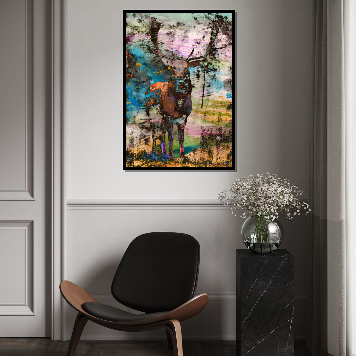 Abstract Stag Canvas, Multicolor Deer Print, Wild Animal Art, Wall Art Canvas Design, Ready To Hang Home Decoration, Modern Wildlife Art