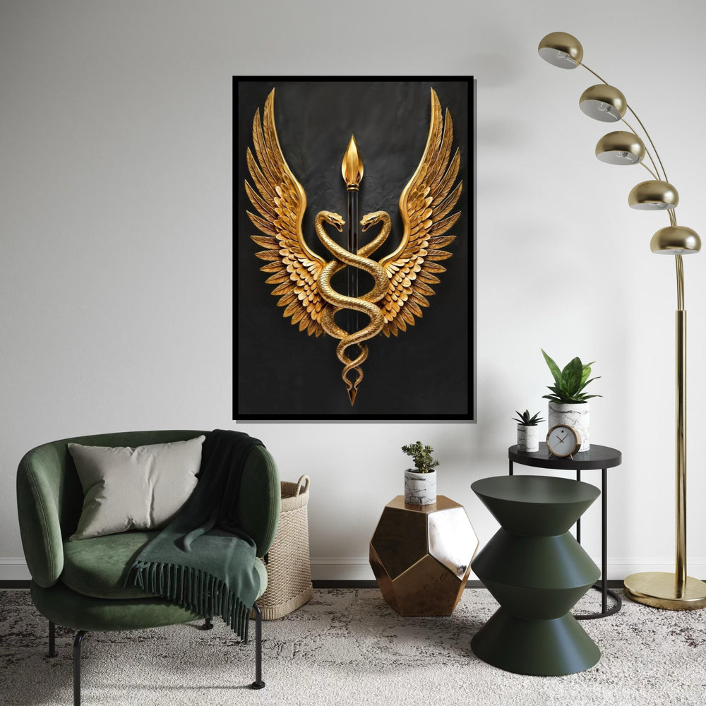 Golden Serpents Emblem Canvas, Winged Caduceus Wall Art, Symbolic Decor, Wall Art Canvas Design, Ready To Hang Decoration