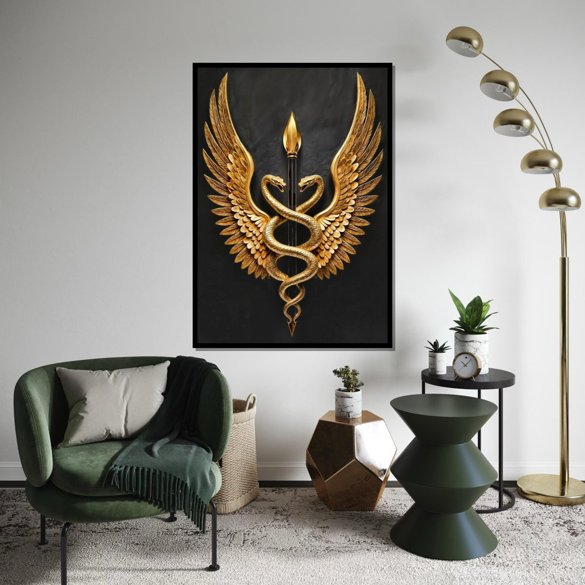 Golden Serpents Emblem Canvas, Winged Caduceus Wall Art, Symbolic Decor, Wall Art Canvas Design, Ready To Hang Decoration