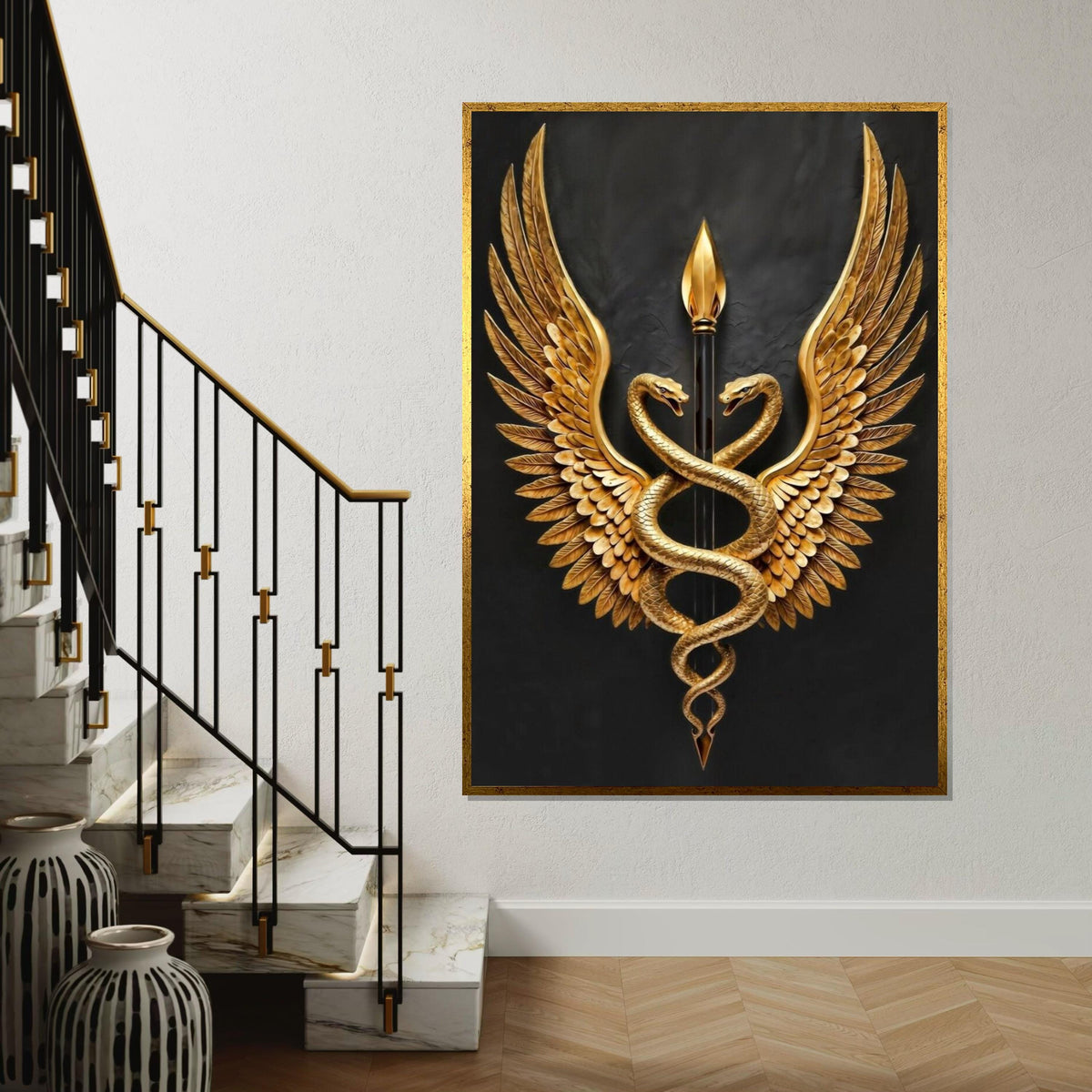 Golden Serpents Emblem Canvas, Winged Caduceus Wall Art, Symbolic Decor, Wall Art Canvas Design, Ready To Hang Decoration