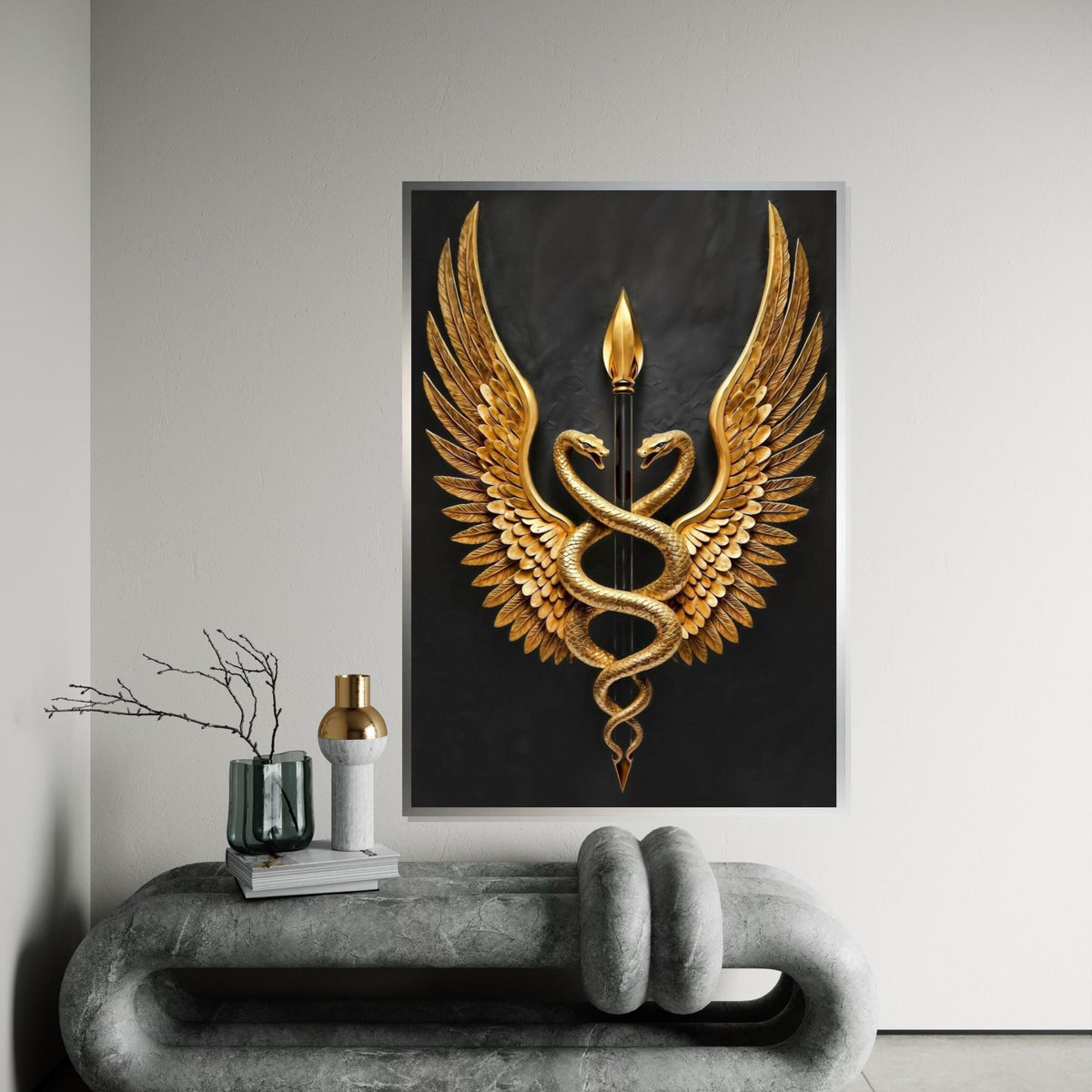 Golden Serpents Emblem Canvas, Winged Caduceus Wall Art, Symbolic Decor, Wall Art Canvas Design, Ready To Hang Decoration