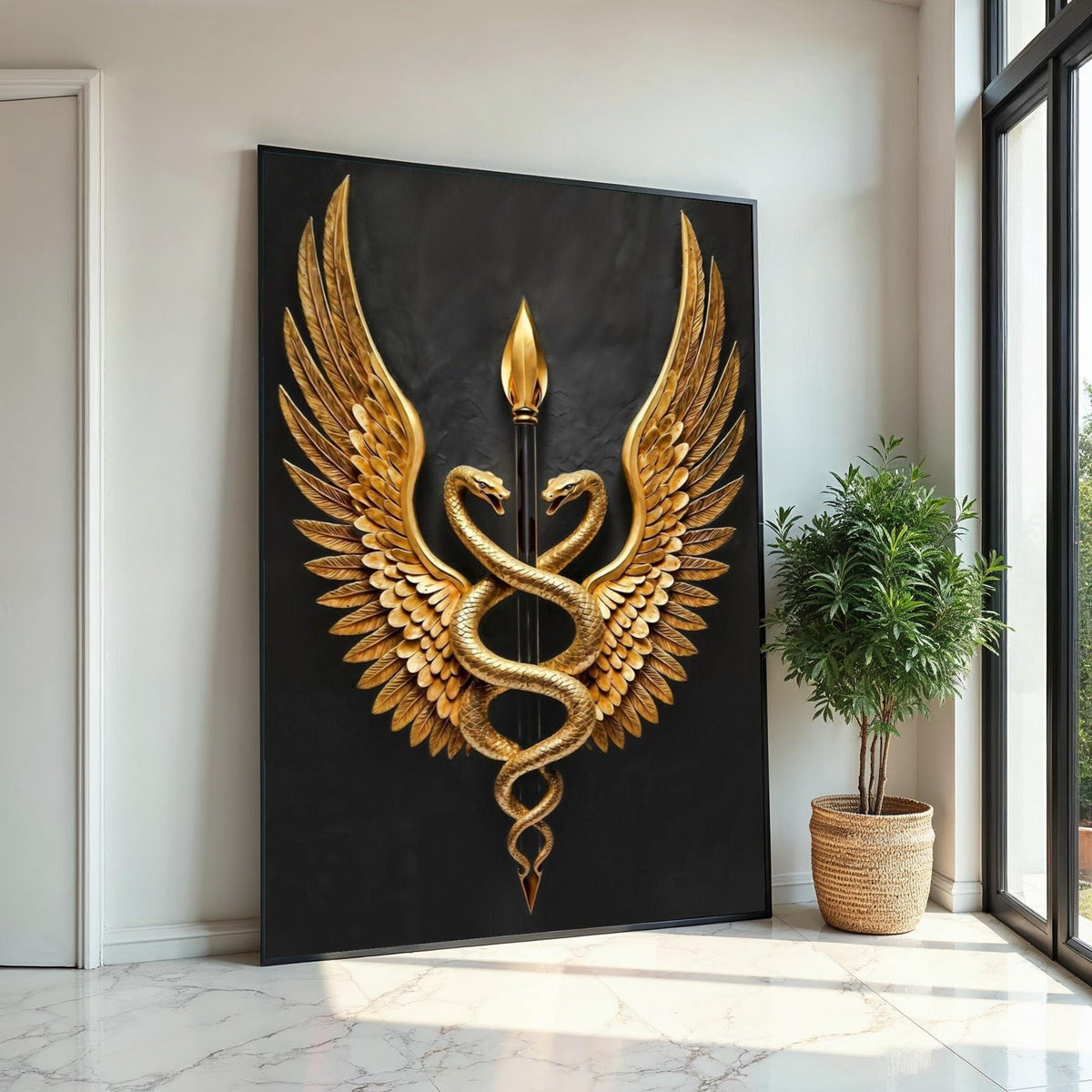 Golden Serpents Emblem Canvas, Winged Caduceus Wall Art, Symbolic Decor, Wall Art Canvas Design, Ready To Hang Decoration