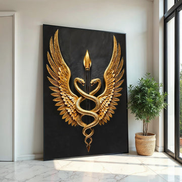 Golden Serpents Emblem Canvas, Winged Caduceus Wall Art, Symbolic Decor, Wall Art Canvas Design, Ready To Hang Decoration