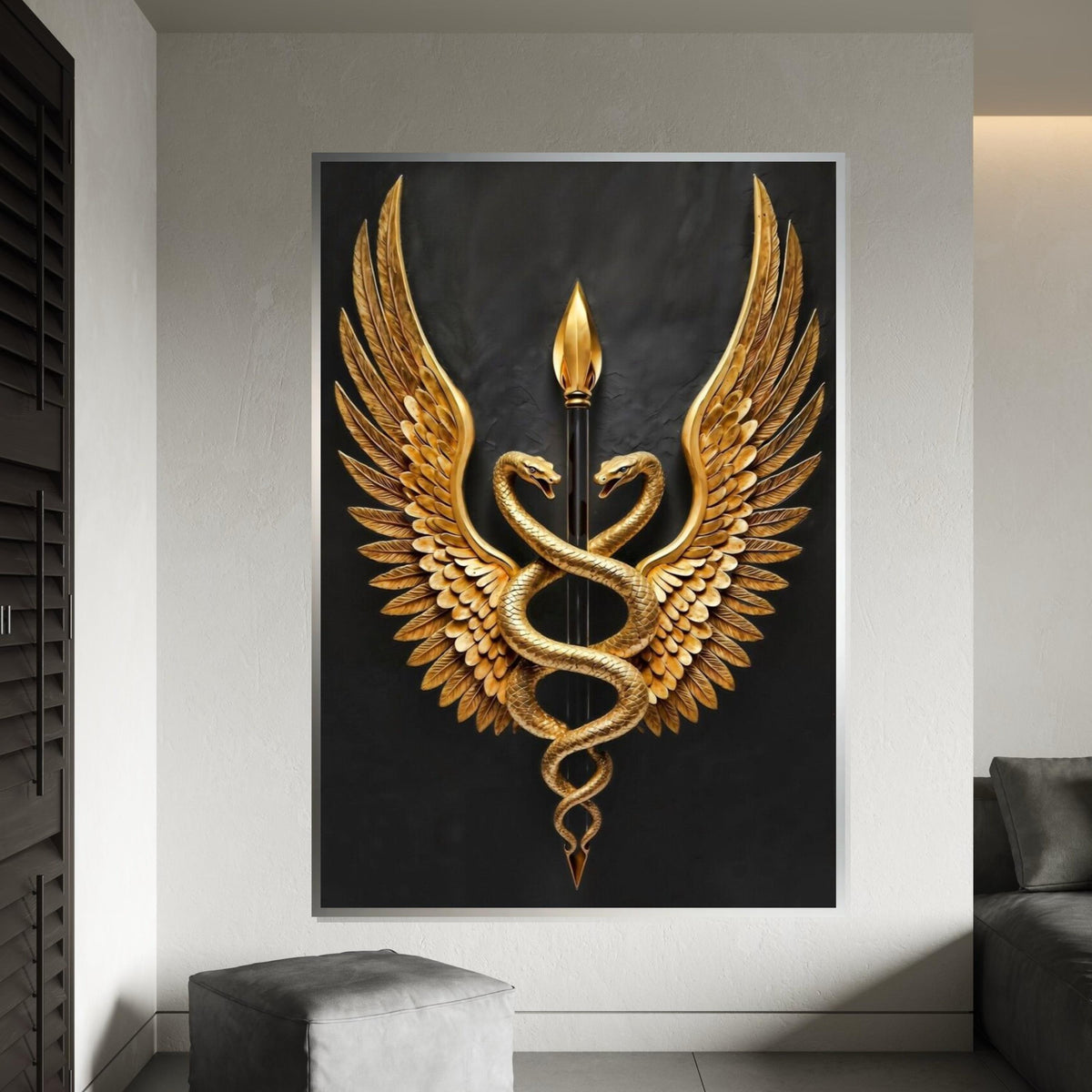 Golden Serpents Emblem Canvas, Winged Caduceus Wall Art, Symbolic Decor, Wall Art Canvas Design, Ready To Hang Decoration