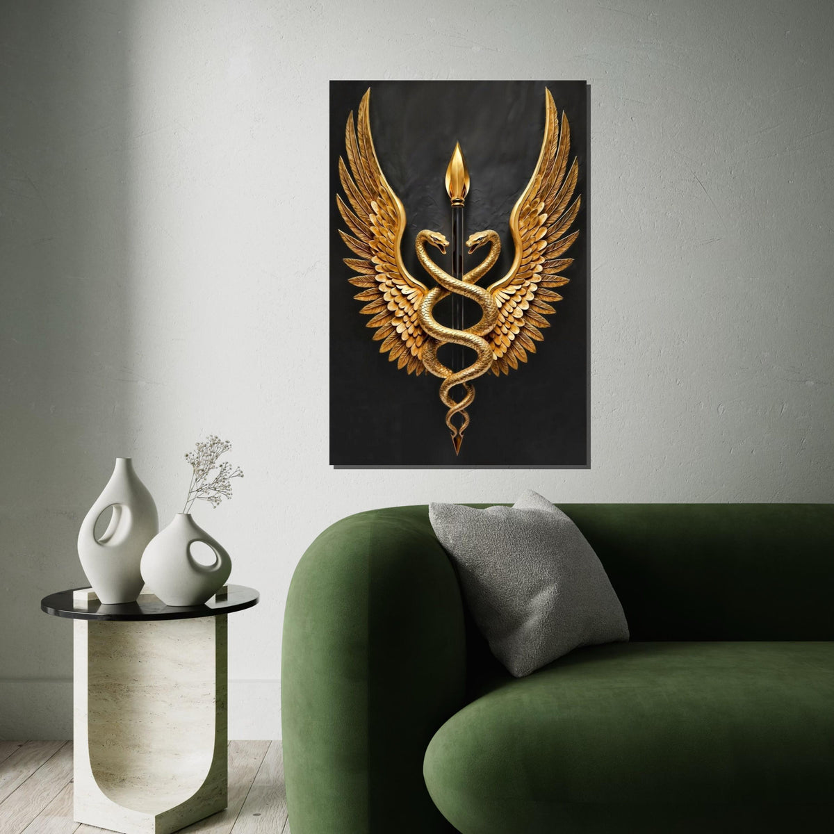 Golden Serpents Emblem Canvas, Winged Caduceus Wall Art, Symbolic Decor, Wall Art Canvas Design, Ready To Hang Decoration