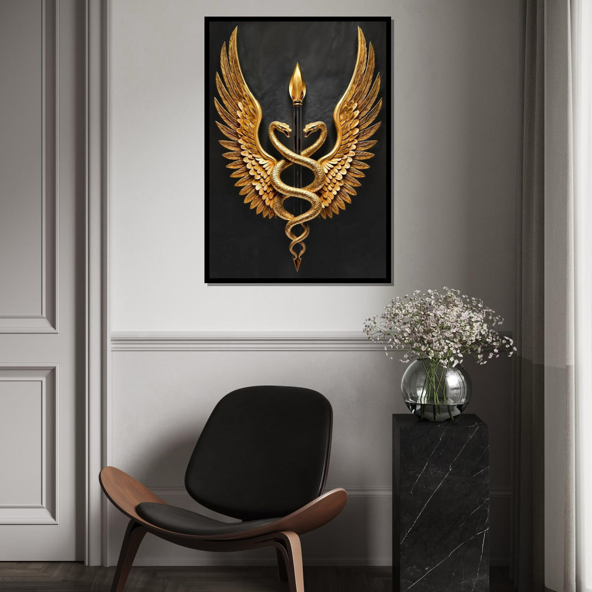 Golden Serpents Emblem Canvas, Winged Caduceus Wall Art, Symbolic Decor, Wall Art Canvas Design, Ready To Hang Decoration