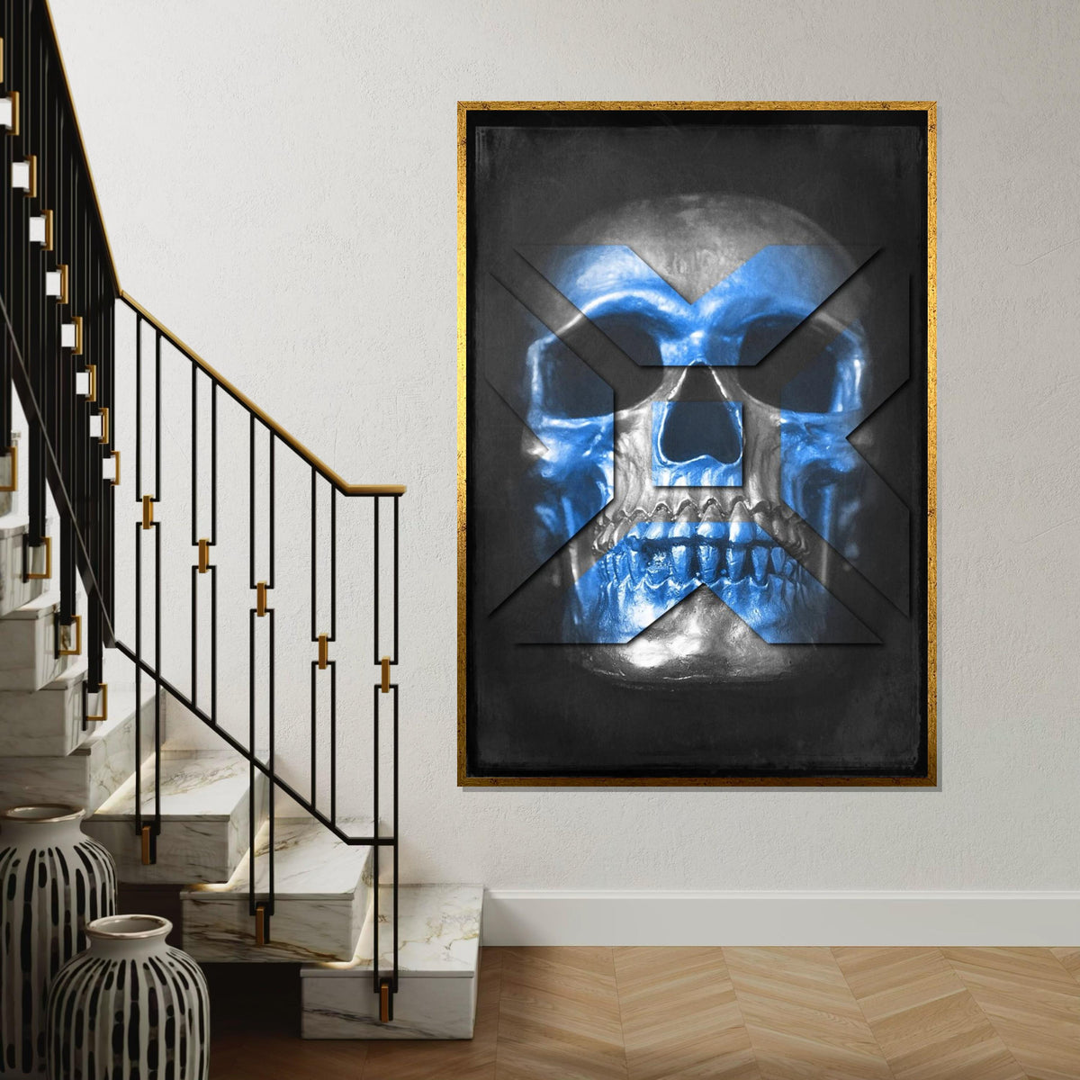 Blue Skull Canvas, Geometric Skull Art, Modern Wall Art Canvas, Skull Print, Bold Decor, Ready to Hang Wall Art Design