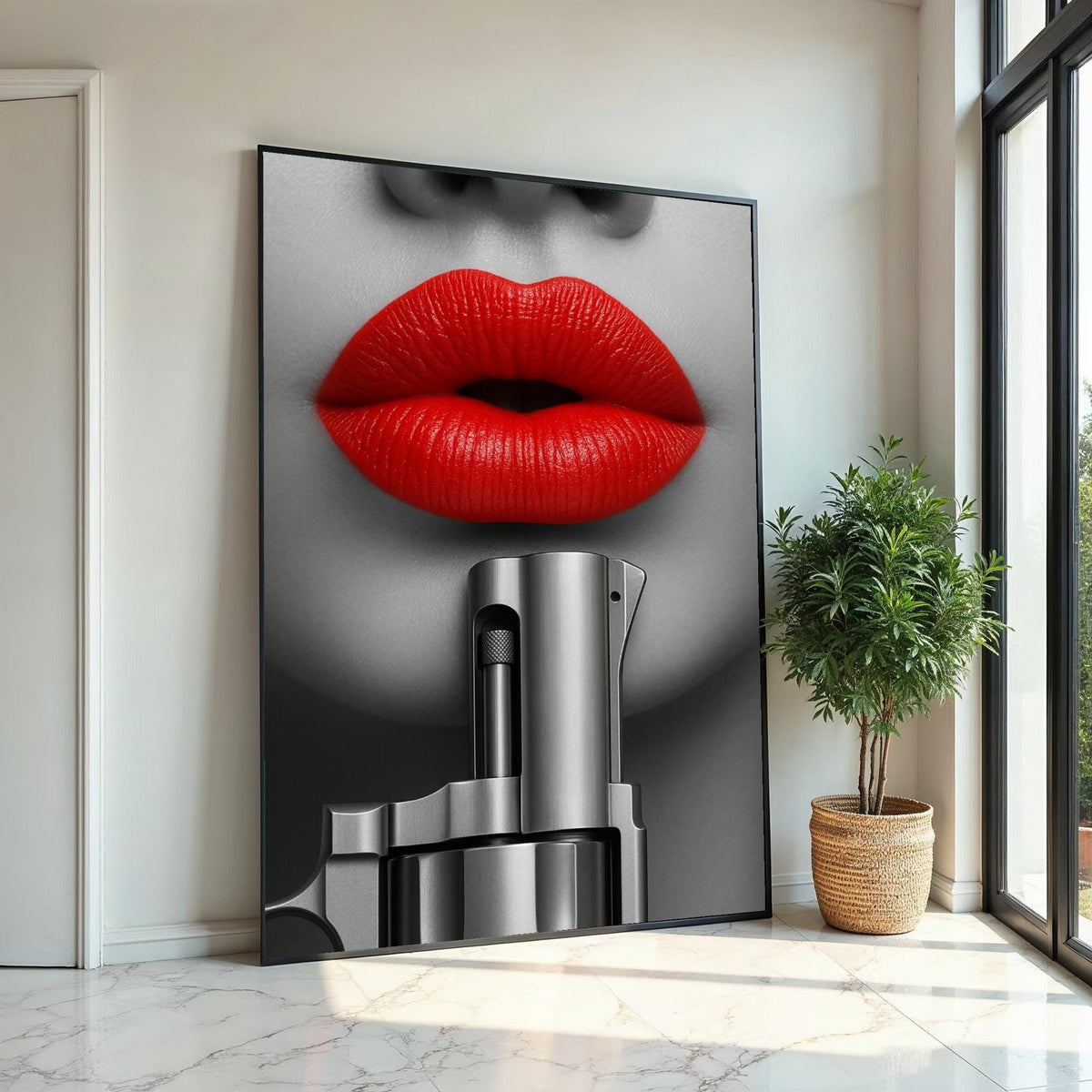 Red Lips Gun Art, Bold Canvas Decor, Monochrome Lips Canvas, Wall Art Canvas Design, Fashion Canvas Print, Ready to Hang Wall Decor