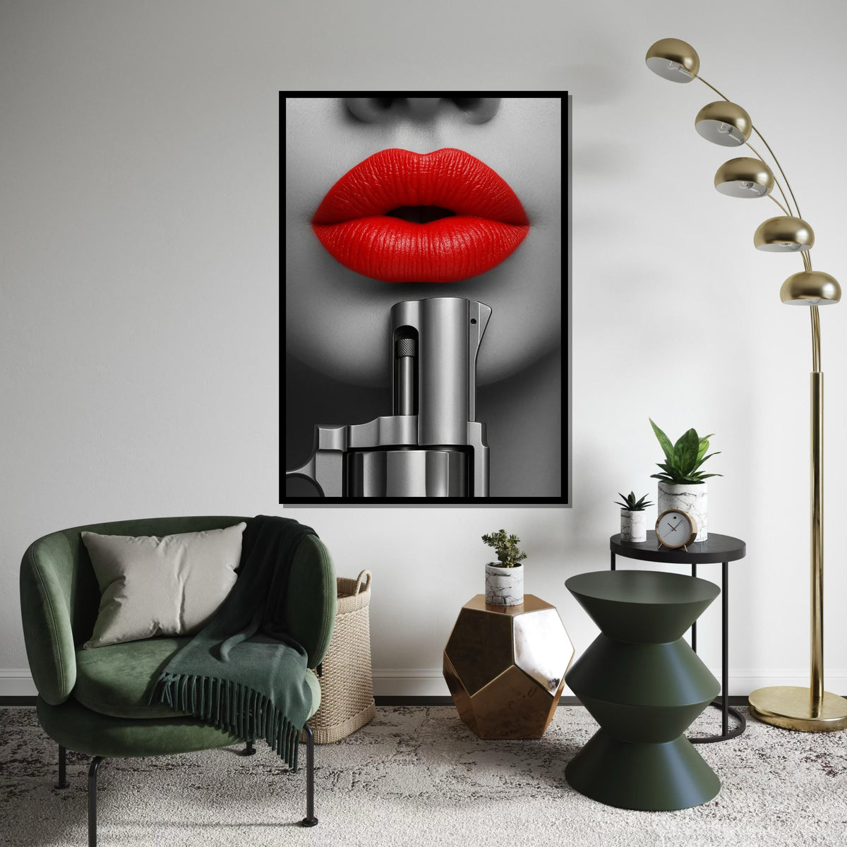 Red Lips Gun Art, Bold Canvas Decor, Monochrome Lips Canvas, Wall Art Canvas Design, Fashion Canvas Print, Ready to Hang Wall Decor