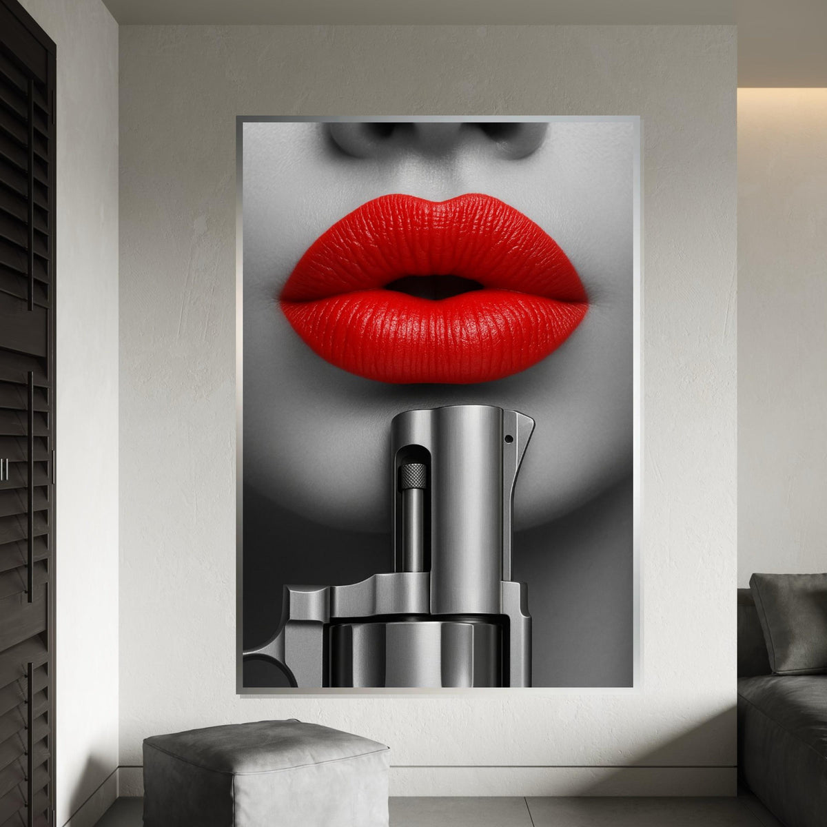 Red Lips Gun Art, Bold Canvas Decor, Monochrome Lips Canvas, Wall Art Canvas Design, Fashion Canvas Print, Ready to Hang Wall Decor