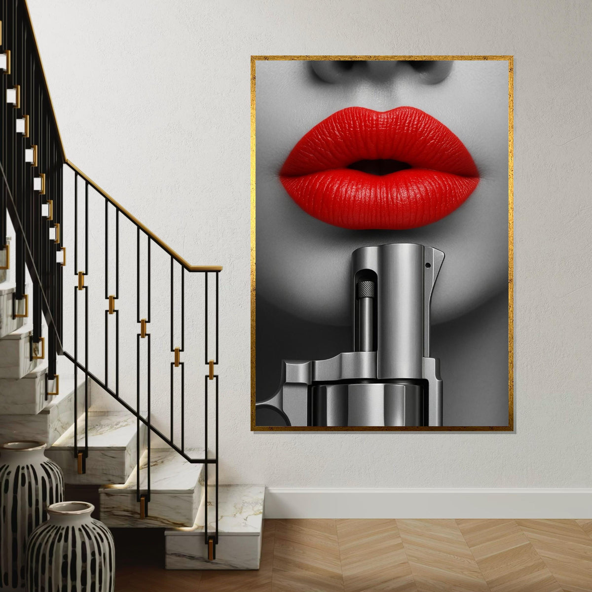 Red Lips Gun Art, Bold Canvas Decor, Monochrome Lips Canvas, Wall Art Canvas Design, Fashion Canvas Print, Ready to Hang Wall Decor