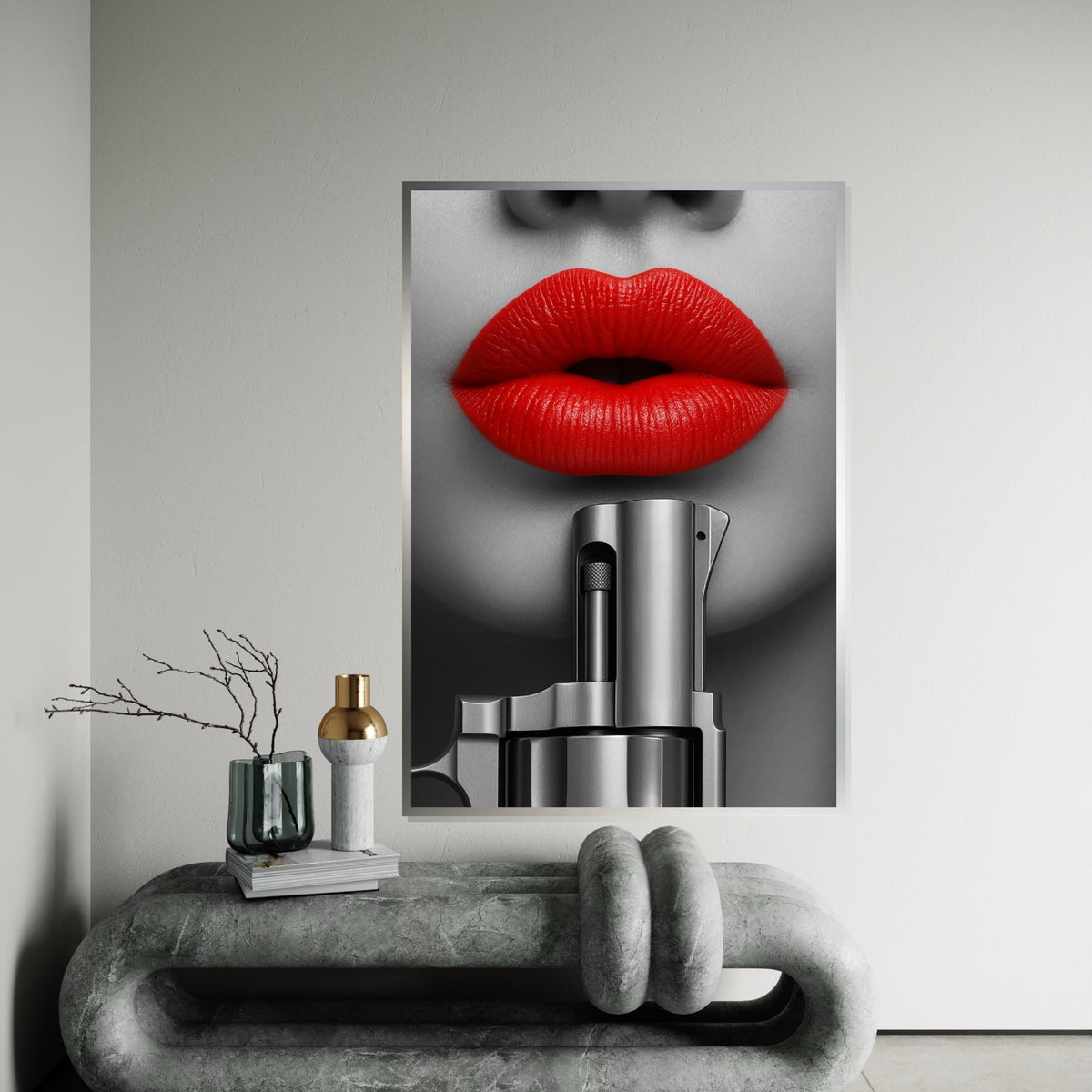 Red Lips Gun Art, Bold Canvas Decor, Monochrome Lips Canvas, Wall Art Canvas Design, Fashion Canvas Print, Ready to Hang Wall Decor