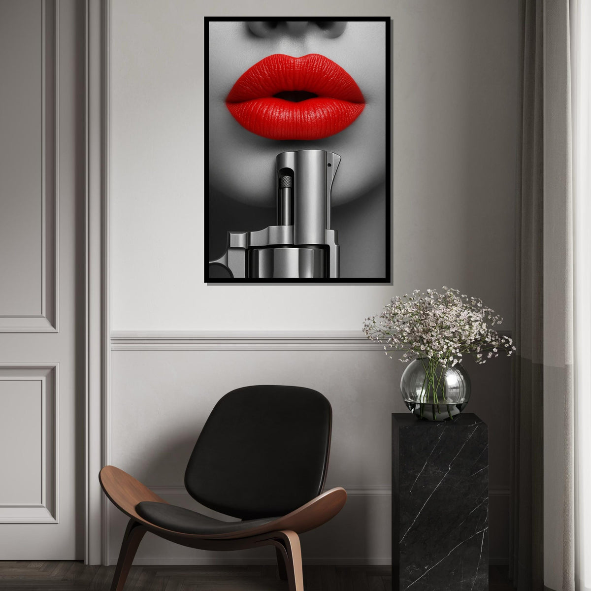 Red Lips Gun Art, Bold Canvas Decor, Monochrome Lips Canvas, Wall Art Canvas Design, Fashion Canvas Print, Ready to Hang Wall Decor