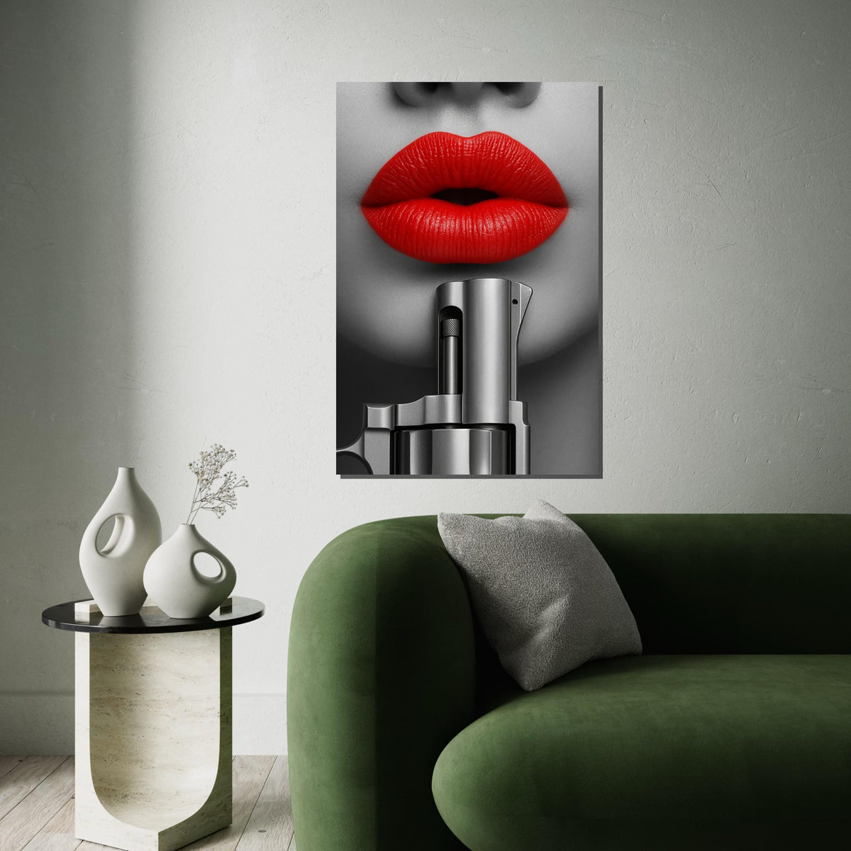 Red Lips Gun Art, Bold Canvas Decor, Monochrome Lips Canvas, Wall Art Canvas Design, Fashion Canvas Print, Ready to Hang Wall Decor