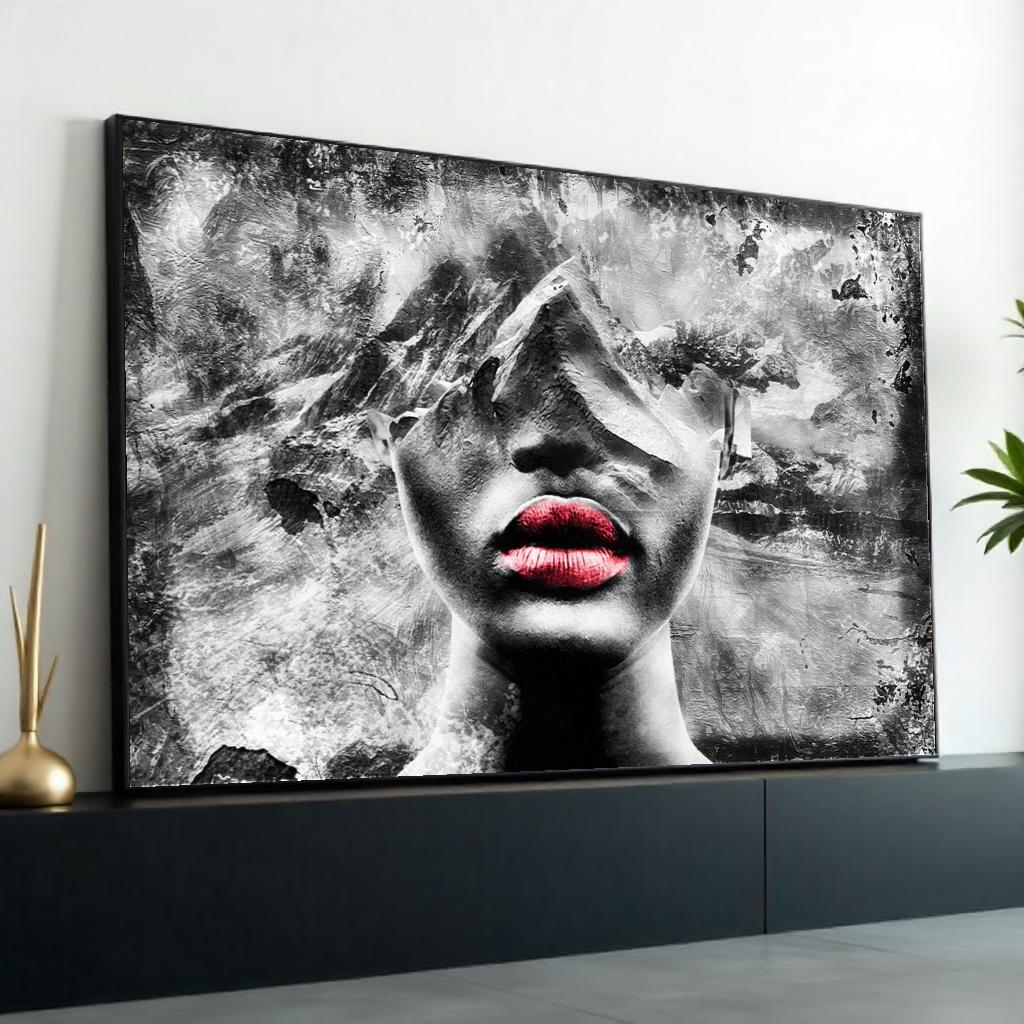 Abstract Mountain Face Art, Red Lips Portrait Canvas, Surreal Wall Art, Textured Canvas Design, Ready to Hang Home Decor, Modern Art