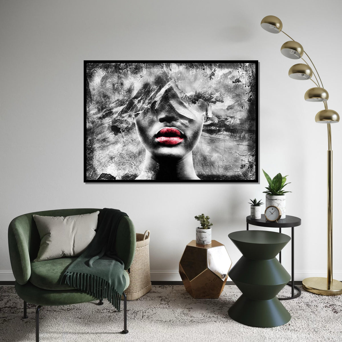 Abstract Mountain Face Art, Red Lips Portrait Canvas, Surreal Wall Art, Textured Canvas Design, Ready to Hang Home Decor, Modern Art