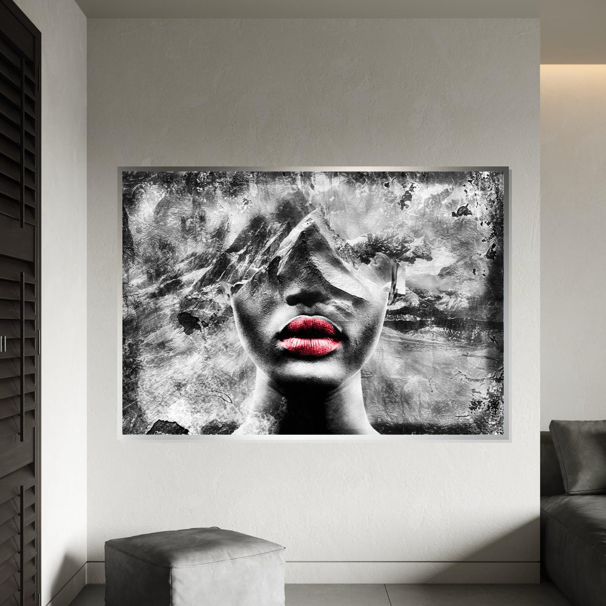 Abstract Mountain Face Art, Red Lips Portrait Canvas, Surreal Wall Art, Textured Canvas Design, Ready to Hang Home Decor, Modern Art