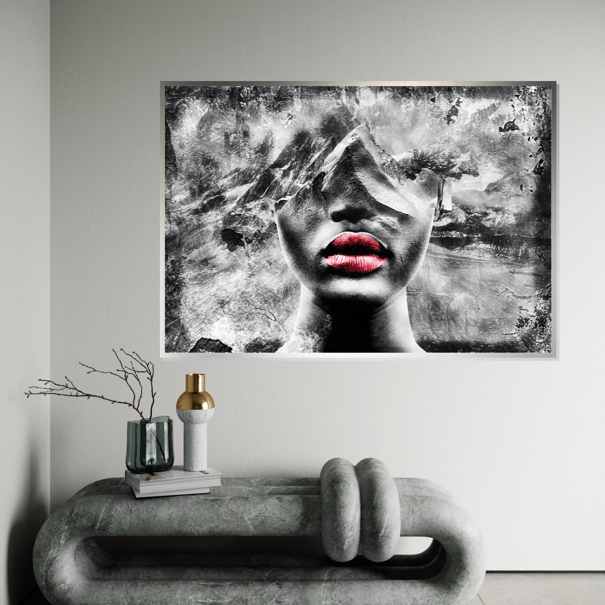 Abstract Mountain Face Art, Red Lips Portrait Canvas, Surreal Wall Art, Textured Canvas Design, Ready to Hang Home Decor, Modern Art