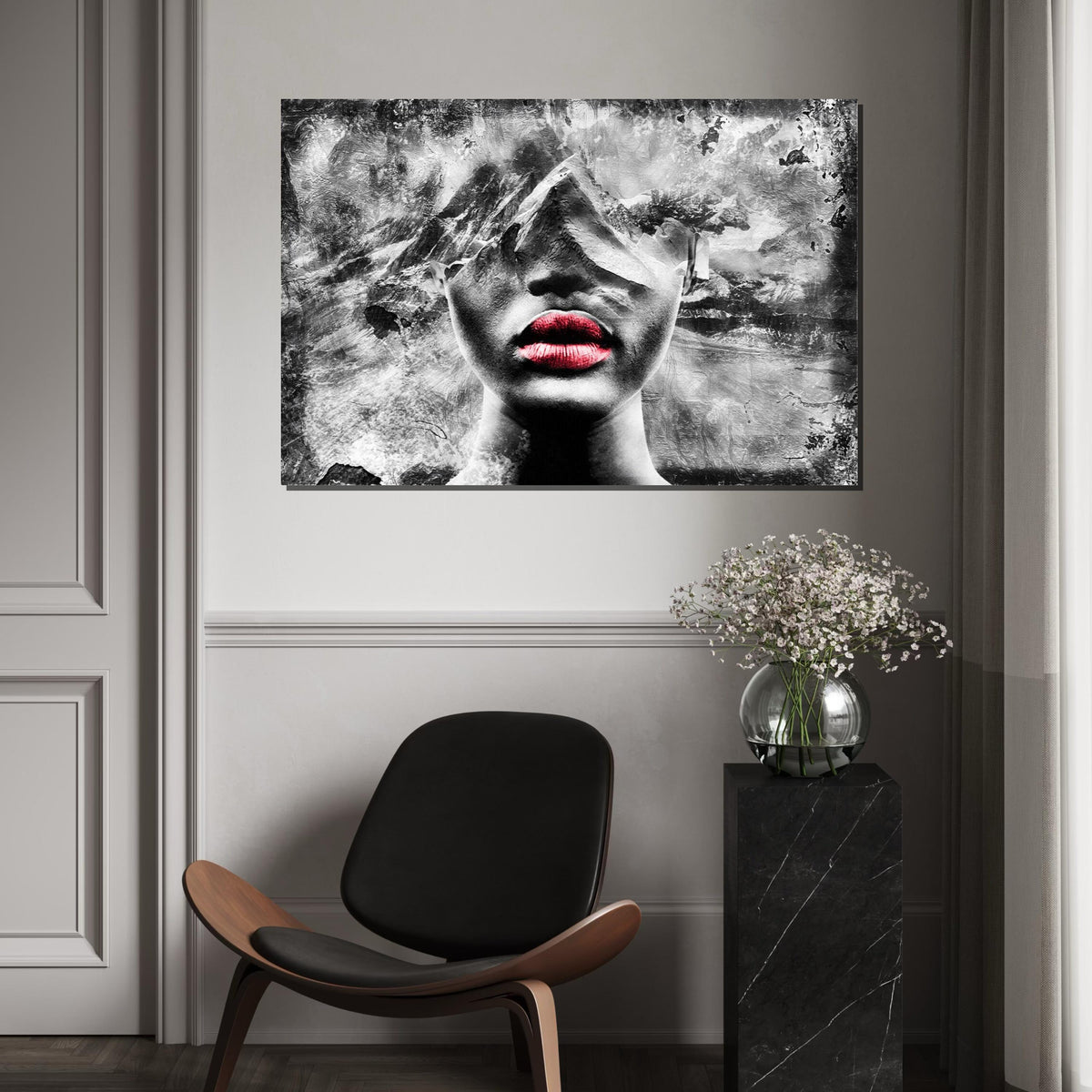 Abstract Mountain Face Art, Red Lips Portrait Canvas, Surreal Wall Art, Textured Canvas Design, Ready to Hang Home Decor, Modern Art