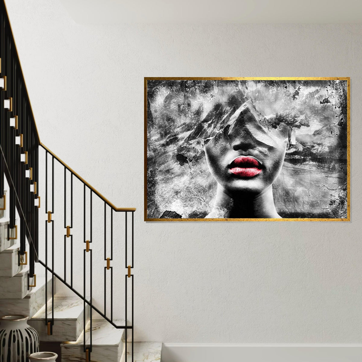 Abstract Mountain Face Art, Red Lips Portrait Canvas, Surreal Wall Art, Textured Canvas Design, Ready to Hang Home Decor, Modern Art