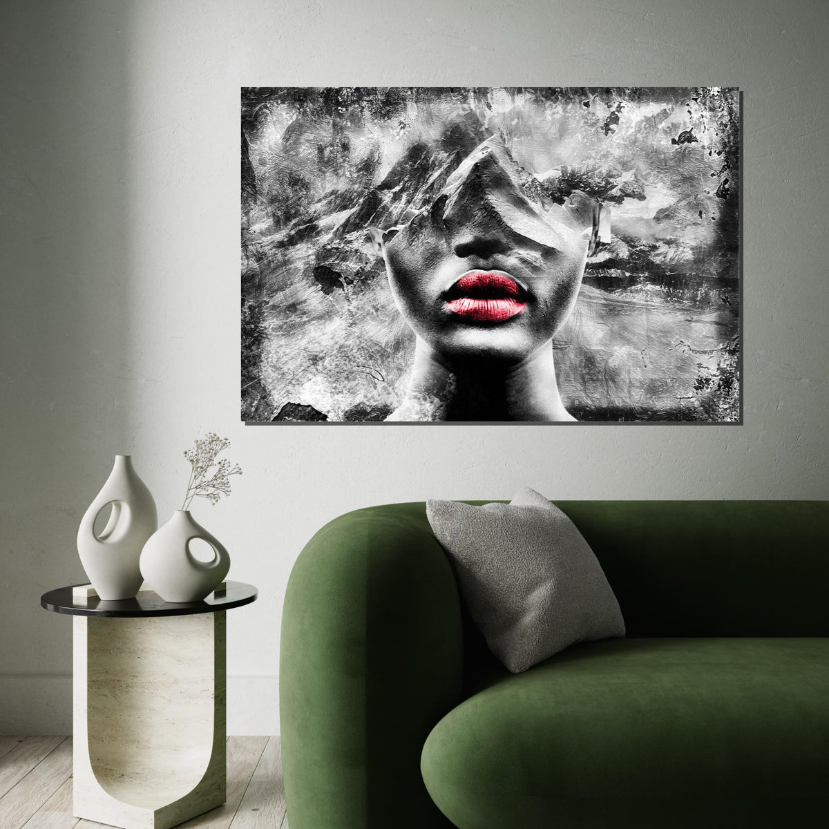 Abstract Mountain Face Art, Red Lips Portrait Canvas, Surreal Wall Art, Textured Canvas Design, Ready to Hang Home Decor, Modern Art