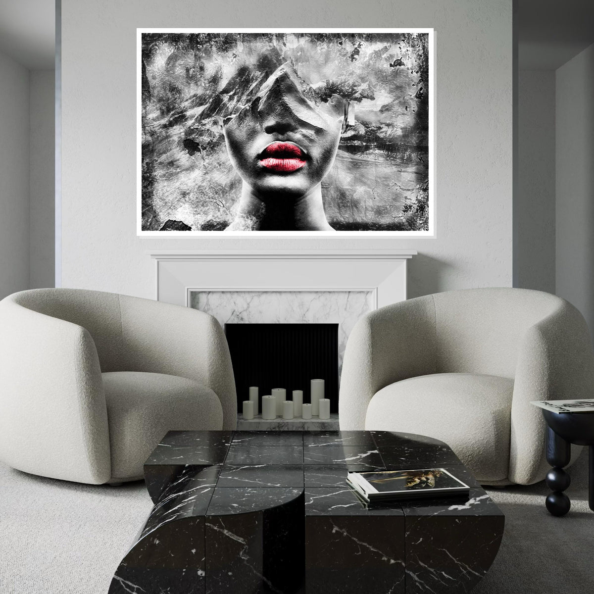 Abstract Mountain Face Art, Red Lips Portrait Canvas, Surreal Wall Art, Textured Canvas Design, Ready to Hang Home Decor, Modern Art