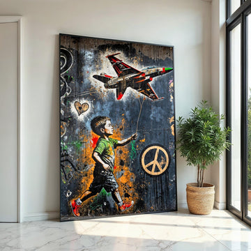 Child and Jet Canvas, Graffiti Art, Wall Art Canvas Design, Urban Street Art Poster, Peace Symbol Canvas, Ready to Hang Decoration
