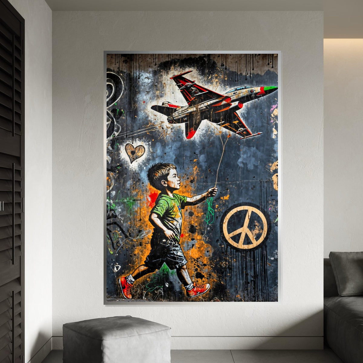 Child and Jet Canvas, Graffiti Art, Wall Art Canvas Design, Urban Street Art Poster, Peace Symbol Canvas, Ready to Hang Decoration