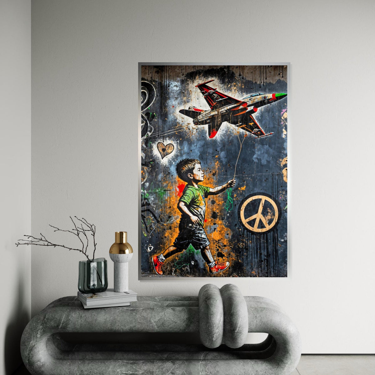 Child and Jet Canvas, Graffiti Art, Wall Art Canvas Design, Urban Street Art Poster, Peace Symbol Canvas, Ready to Hang Decoration