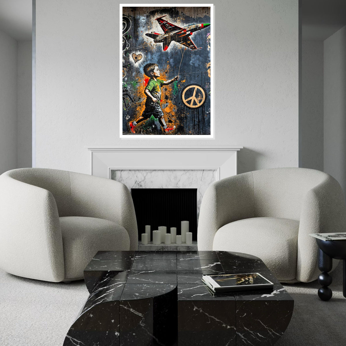 Child and Jet Canvas, Graffiti Art, Wall Art Canvas Design, Urban Street Art Poster, Peace Symbol Canvas, Ready to Hang Decoration