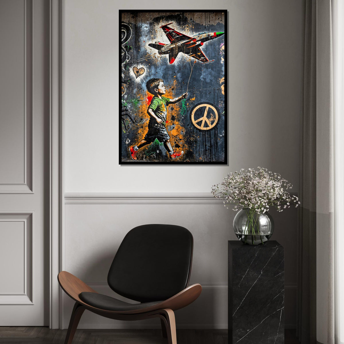 Child and Jet Canvas, Graffiti Art, Wall Art Canvas Design, Urban Street Art Poster, Peace Symbol Canvas, Ready to Hang Decoration