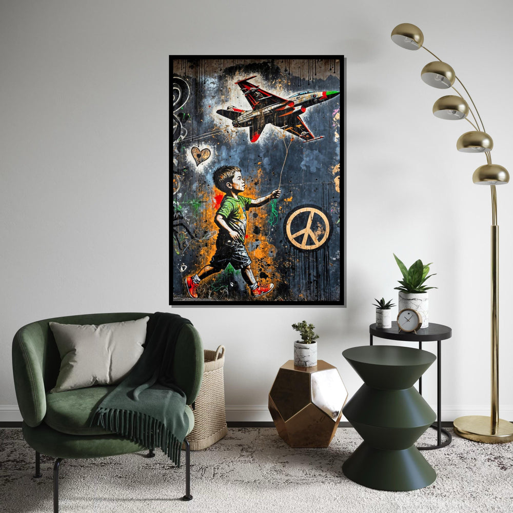 Child and Jet Canvas, Graffiti Art, Wall Art Canvas Design, Urban Street Art Poster, Peace Symbol Canvas, Ready to Hang Decoration