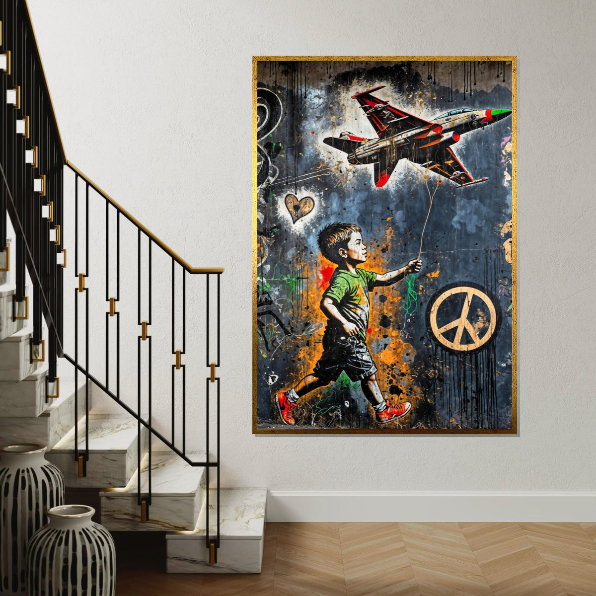 Child and Jet Canvas, Graffiti Art, Wall Art Canvas Design, Urban Street Art Poster, Peace Symbol Canvas, Ready to Hang Decoration