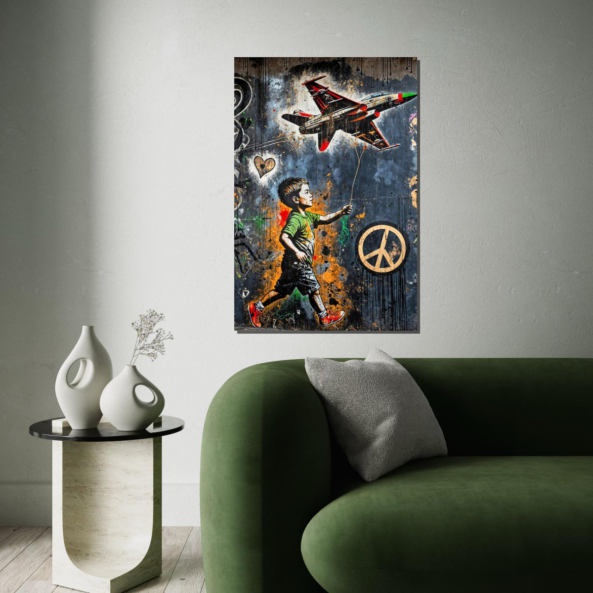Child and Jet Canvas, Graffiti Art, Wall Art Canvas Design, Urban Street Art Poster, Peace Symbol Canvas, Ready to Hang Decoration