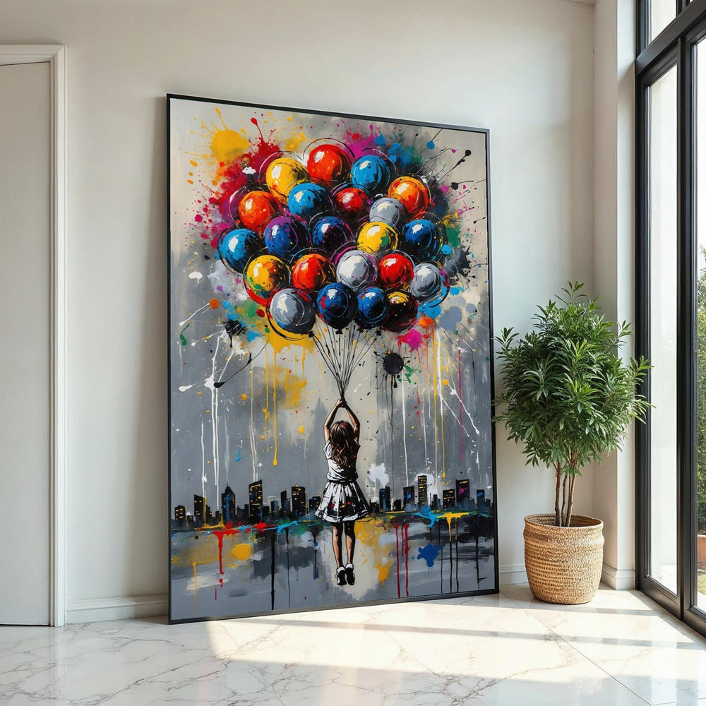 Colorful Balloon Girl Canvas, Urban Dreamscape Art, Multicolor Balloon Print, Wall Art Canvas Design, Ready To Hang Decoration