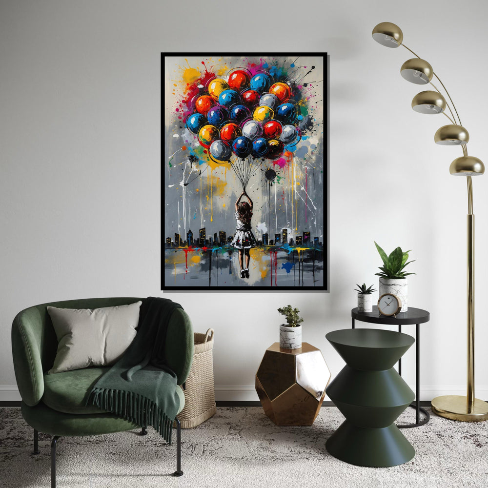 Colorful Balloon Girl Canvas, Urban Dreamscape Art, Multicolor Balloon Print, Wall Art Canvas Design, Ready To Hang Decoration
