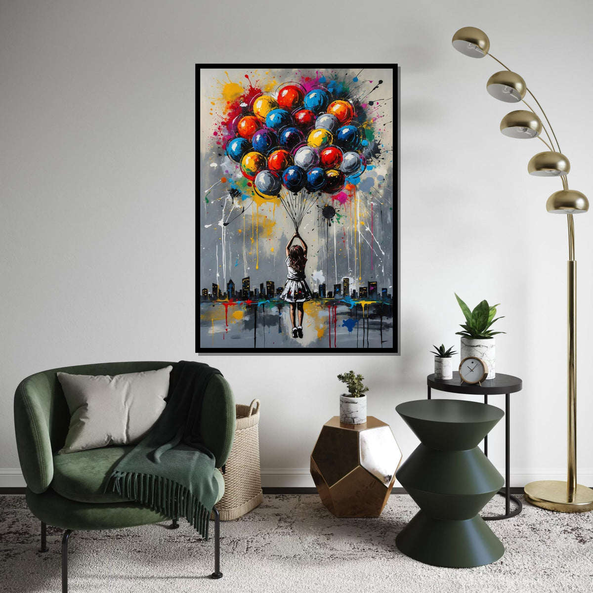 Colorful Balloon Girl Canvas, Urban Dreamscape Art, Multicolor Balloon Print, Wall Art Canvas Design, Ready To Hang Decoration