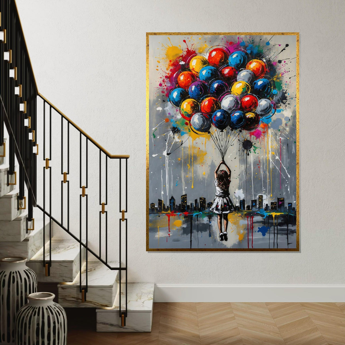 Colorful Balloon Girl Canvas, Urban Dreamscape Art, Multicolor Balloon Print, Wall Art Canvas Design, Ready To Hang Decoration